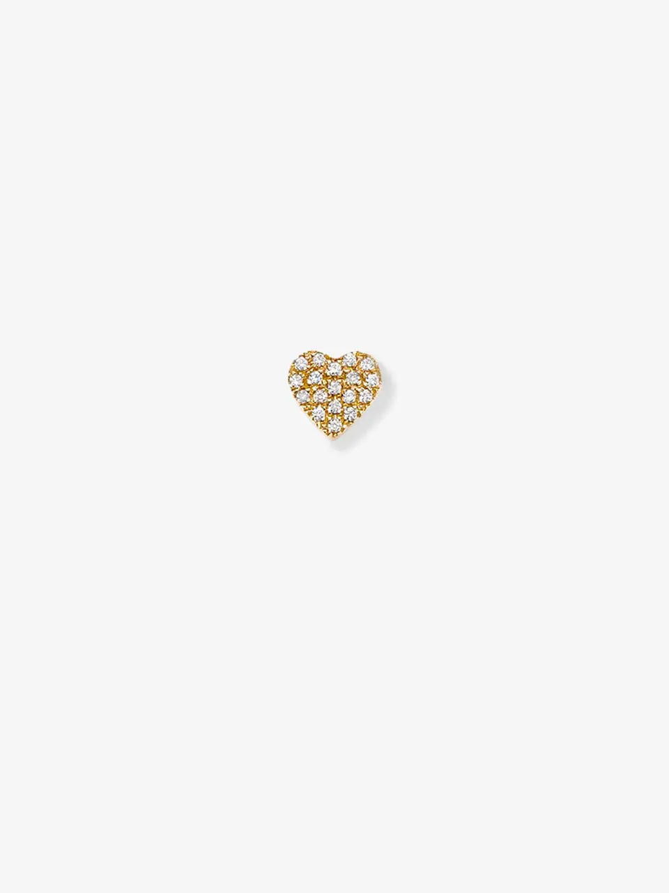 The "Heart in Diamonds and 18k Gold" earring features a delicate heart-shaped design crafted from 18k solid gold, adorned with clusters of tiny round brilliant diamonds. The earring is displayed against a plain white background.