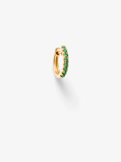 Single huggie tsavorite earring in 18k solid yellow gold, are hinged for easy on and off.